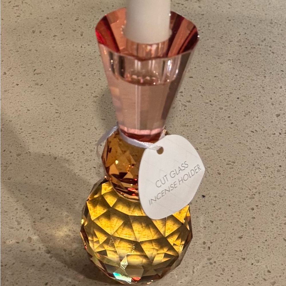 Elegant Cut Glass Candle Holder - Amber and Rose